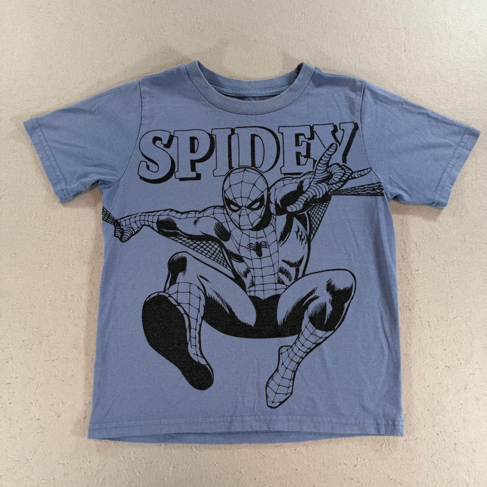 Marvel Spiderman Graphic T-Shirt Blue Gray Kids Size 7 Short Sleeve Spidey